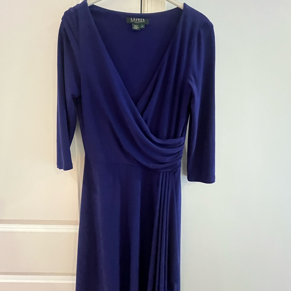 Ralph Lauren Deep Cobalt Blue Long Sleeve Dress faux wrap detail